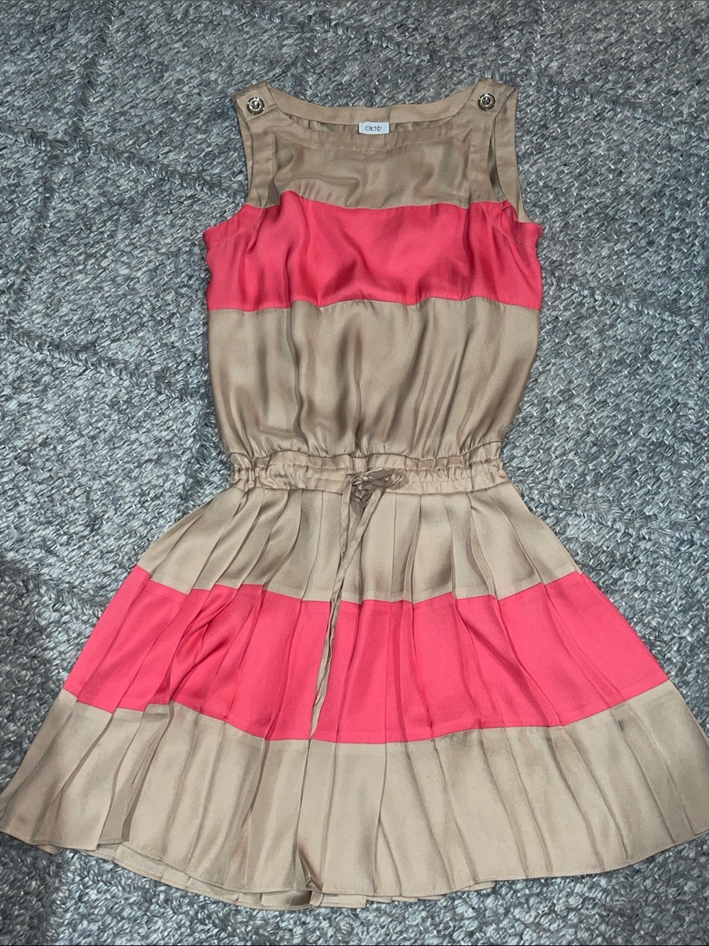 Oasis Beige and Coral Band Pleated Mini Dress